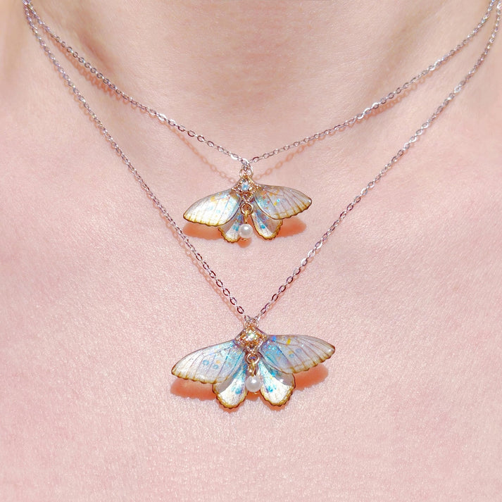 Cute Moth Necklace, Moth Wings With Pearl Jewelry, Insect Fairy Resin Moth Pendant, Gift For Her