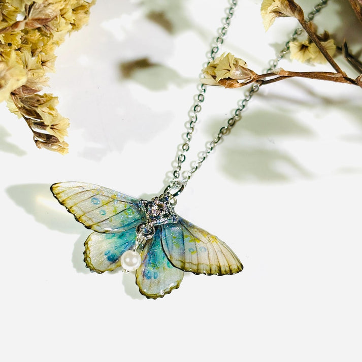 Cute Moth Necklace, Moth Wings With Pearl Jewelry, Insect Fairy Resin Moth Pendant, Gift For Her