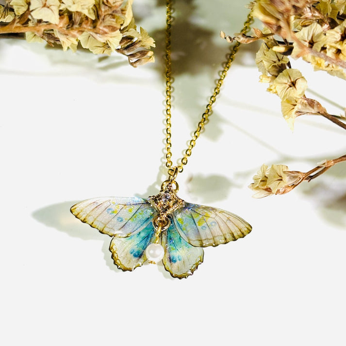 Cute Moth Necklace, Moth Wings With Pearl Jewelry, Insect Fairy Resin Moth Pendant, Gift For Her