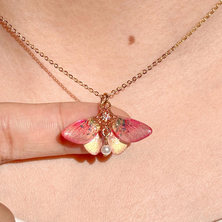 Rosy Maple Moth Necklace, Butterfly Wings With Pearl Jewelry, Insect Fairy Resin Moth Pendant, Gift For Her